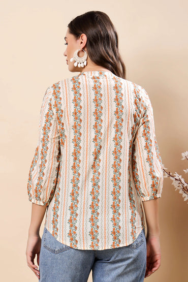 Casual short cotton top for women with floral design in orange and green by Rabric