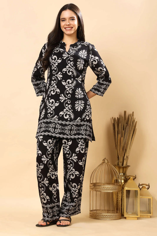 Black vertican silk co-ord set for women by Rabric with elegant silver print