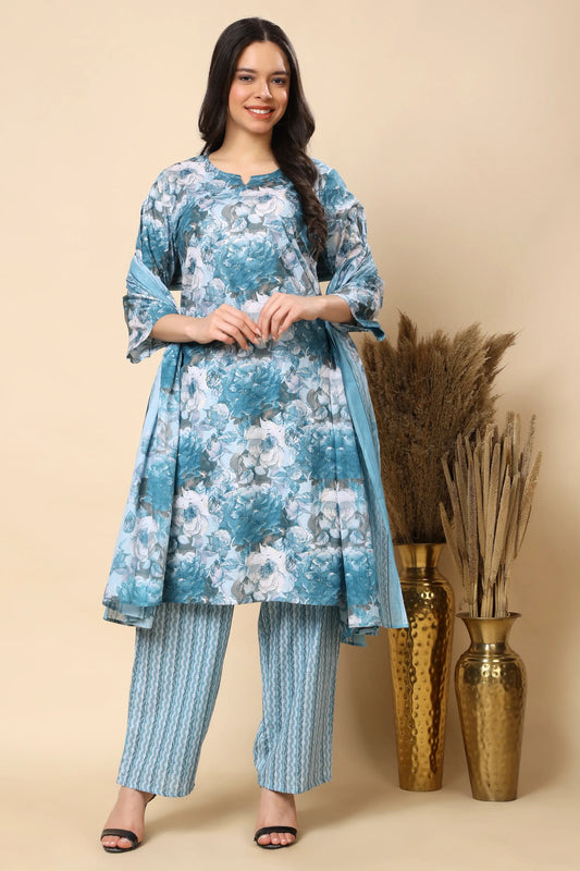 Women blue floral kurta pant set with dupatta front view