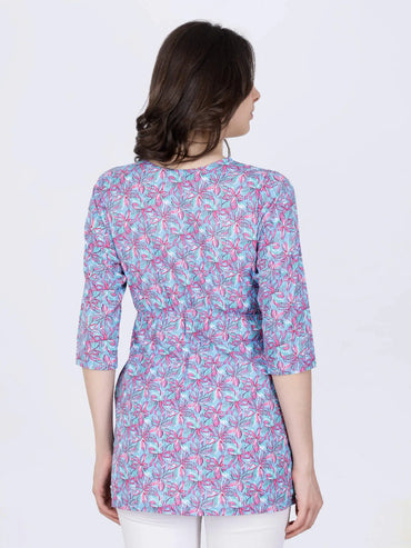 Back view of floral printed blue and pink short kurti by Rabric