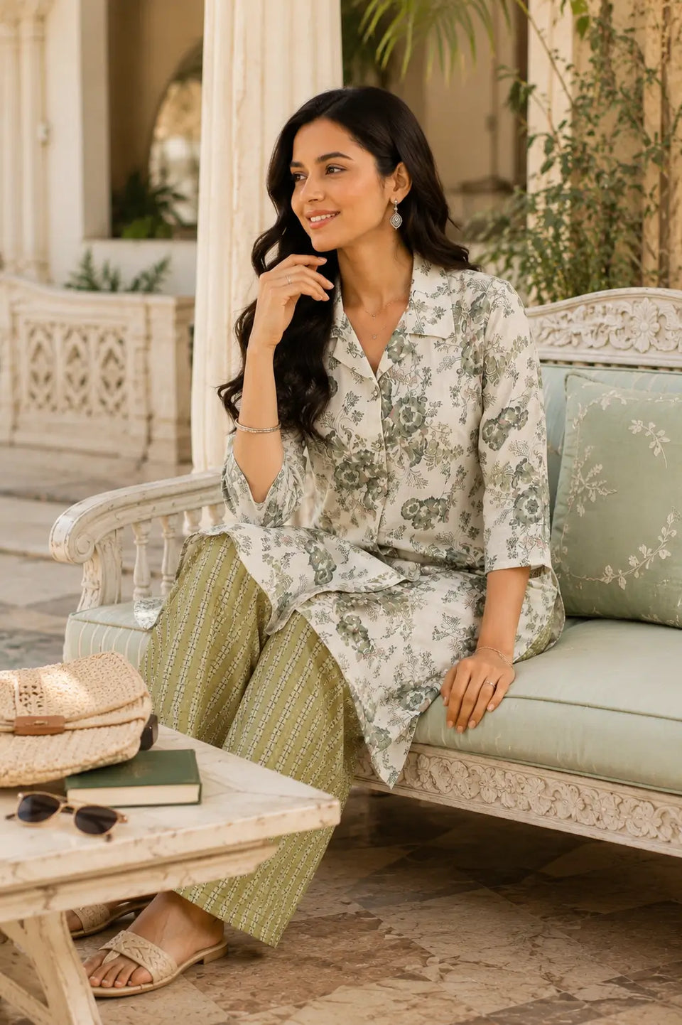Floral cotton kurta co-ord set for women in soft pastel shades