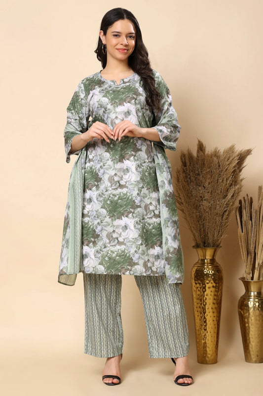 Women green floral kurta pant set front view with dupatta