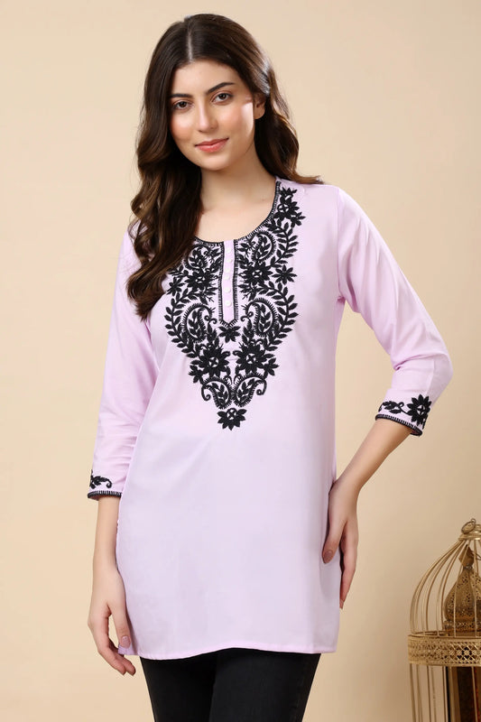 Lavender crepe short kurti for women with embroidered neckline by Rabric, perfect for daily wear and office styling