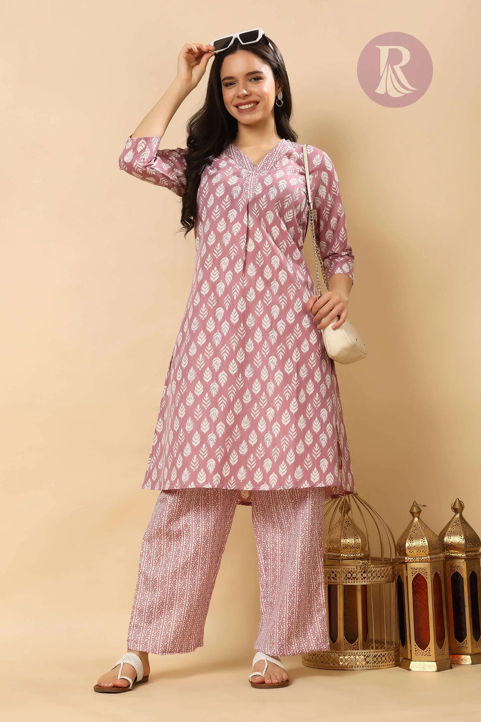 Office wear cotton slub kurta pant set for women in pink