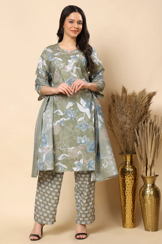 Women olive floral kurta pant set with dupatta front view