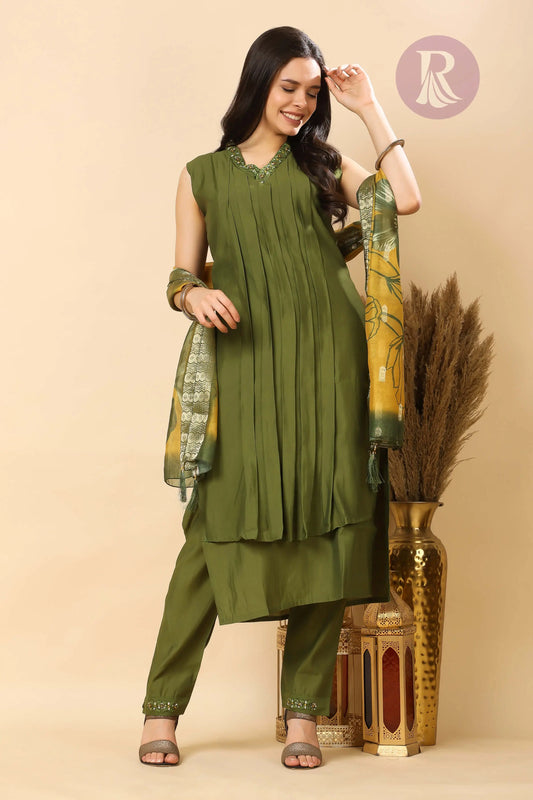 Olive green pleated kurti suit with dupatta for women