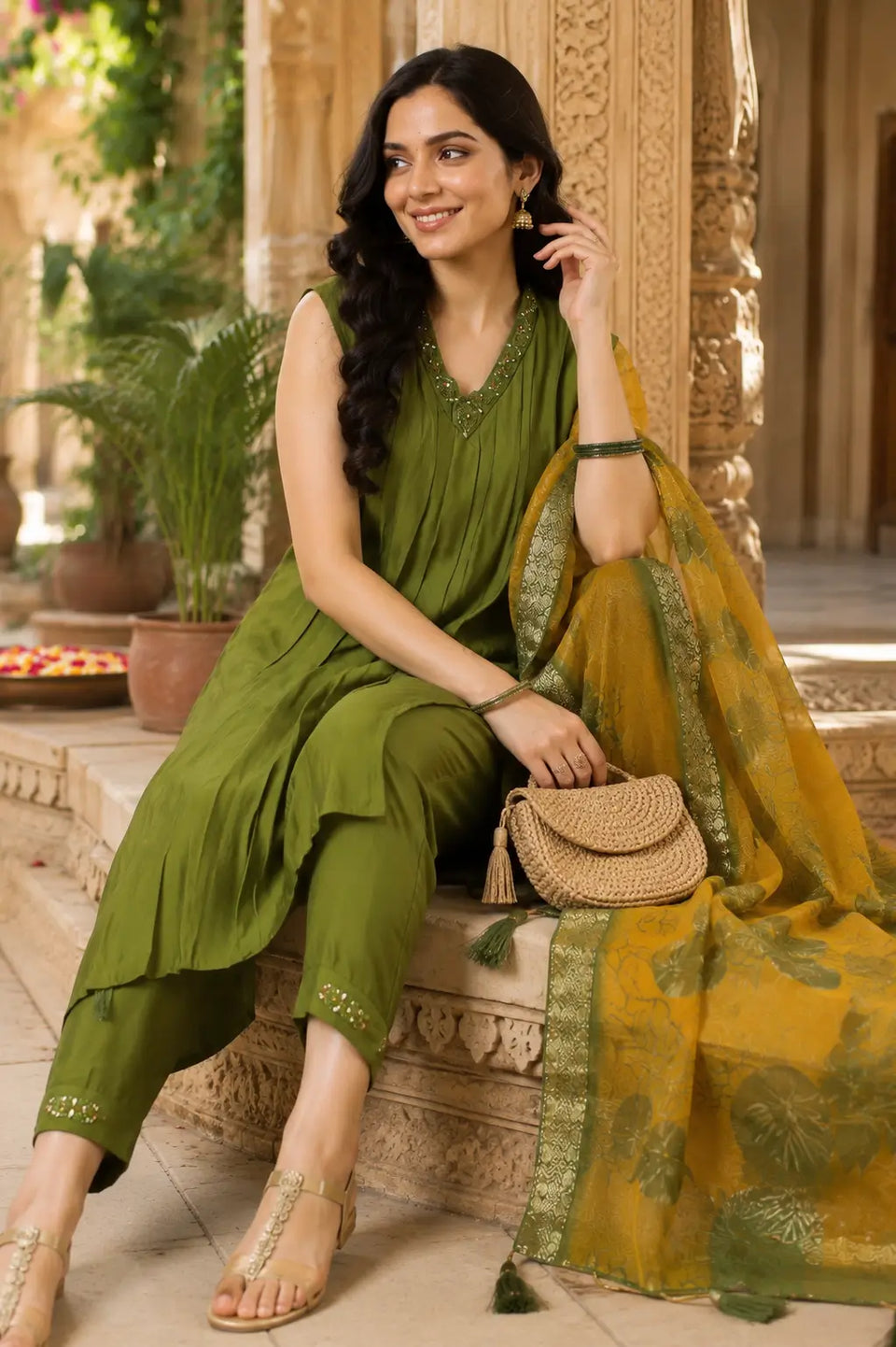Women olive green satin ethnic kurta pant set with dupatta in elegant sitting pose by Rabric
