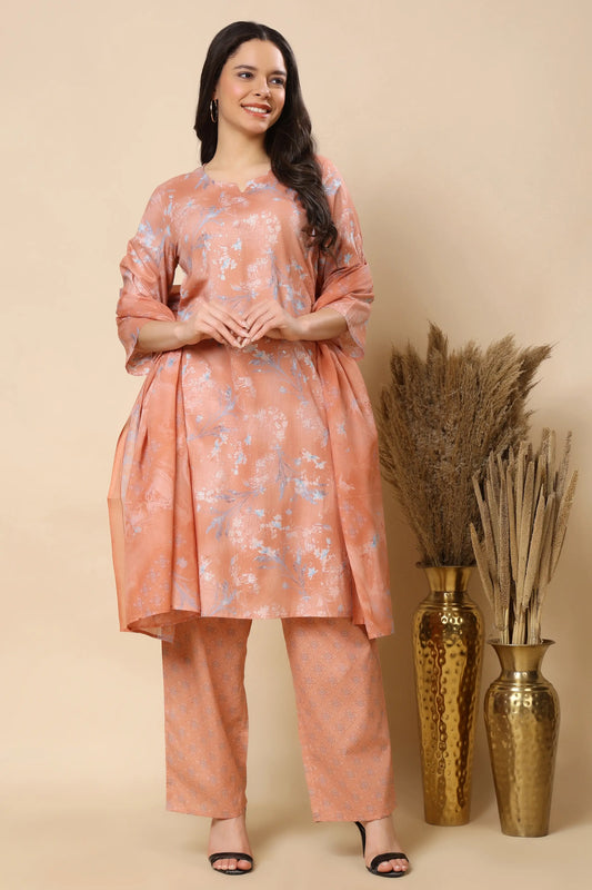 Women peach floral cotton kurta pant set with dupatta front view