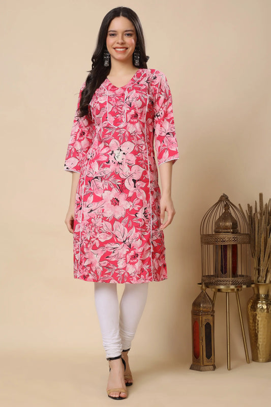 Women pink floral cotton long kurti front view with lace detailing