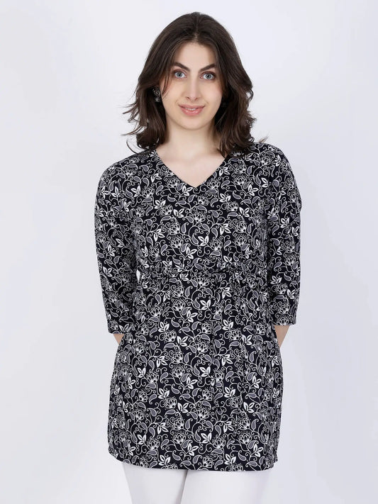 Front view of Premium Black & White Floral Short Kurti with waist tie-up by Rabric