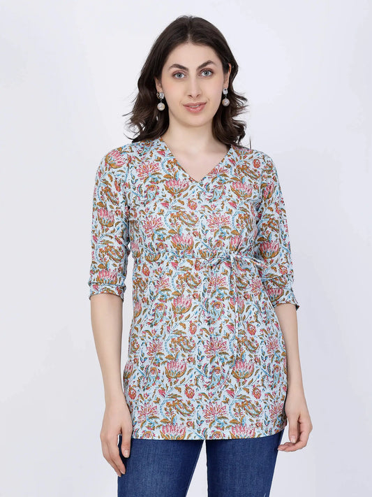 Premium Blue Floral Cotton Short Kurti with Waist Tie-Up by Rabric – Front View
