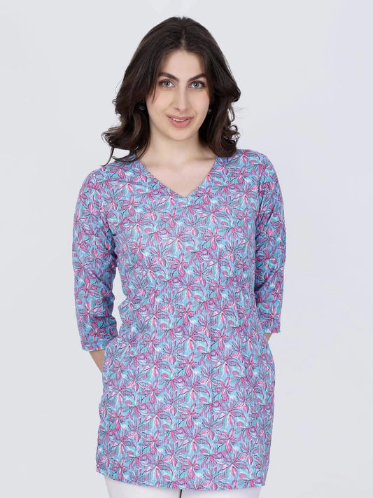 Front view of premium blue and pink short kurti with elastic waist by Rabric