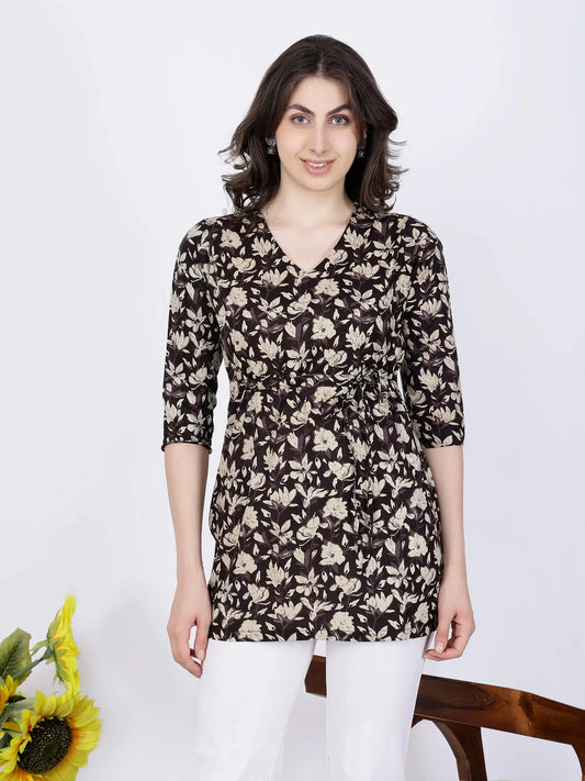Premium Brown & Beige Floral Short Kurti With Waist Tie-Up by Rabric
