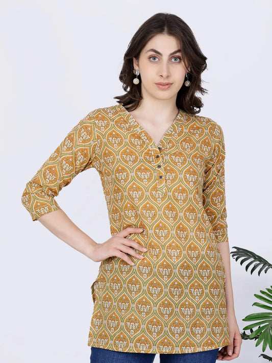 Premium mustard yellow cotton short kurti for women by Rabric