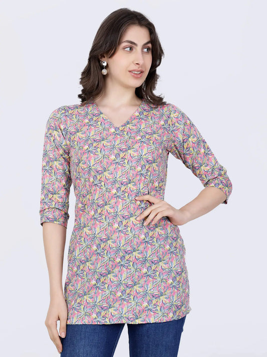 Premium pink and yellow short kurti for women – front view