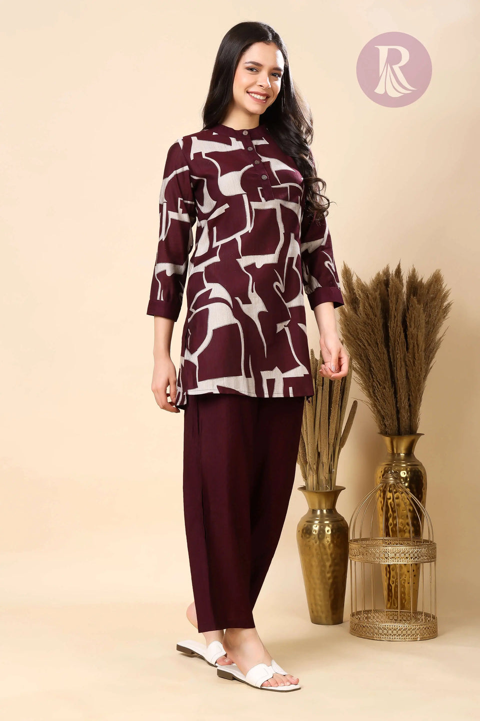 Full length maroon Vertican silk co-ord set for women by Rabric