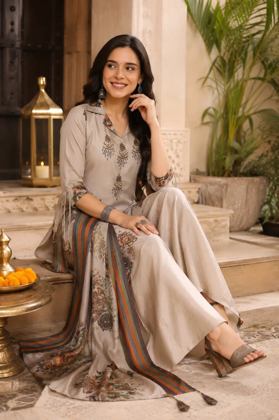 Rabric beige cotton casual ethnic kurta palazzo set with dupatta sitting pose lifestyle image