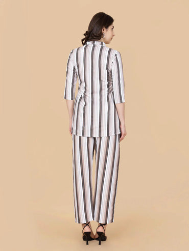 Back view of beige striped cotton co-ord set – Rabric loungewear collection