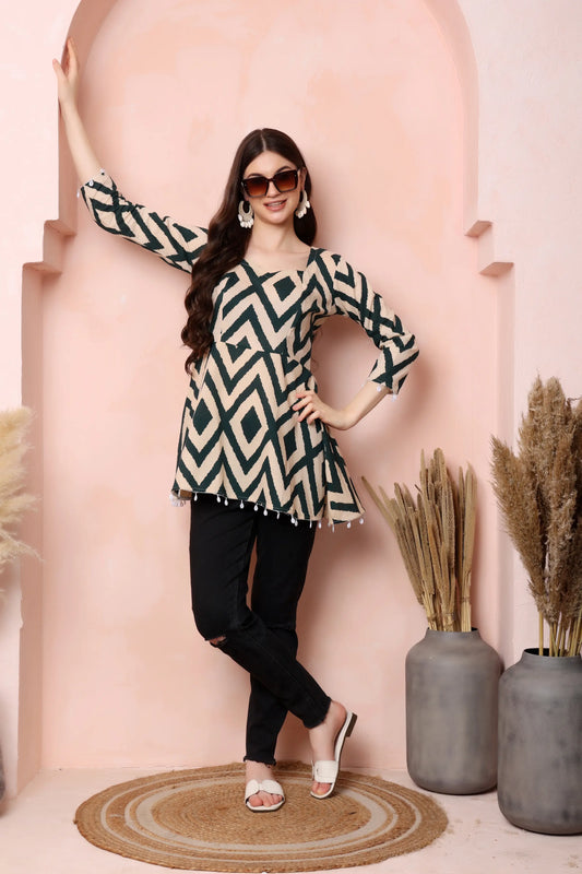 RABRIC beige and deep green printed pure cotton short kurti for women styled for a relaxed day-out look