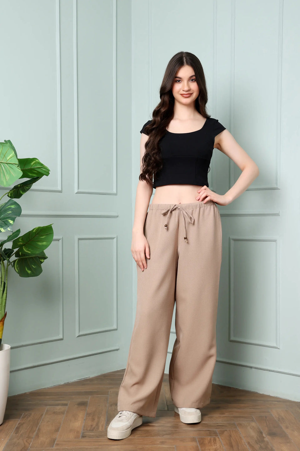 RABRIC beige linen wide leg trousers for women styled for casual everyday wear