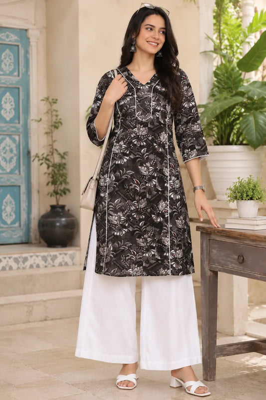 Rabric black floral cotton kurti for women front view with white palazzo stylish mid length ethnic top with 3-4 sleeves