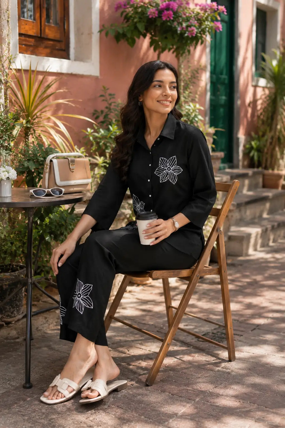 Rabric black rayon floral embroidery co-ord set shown in sitting pose with accessories, stylish women casual outfit