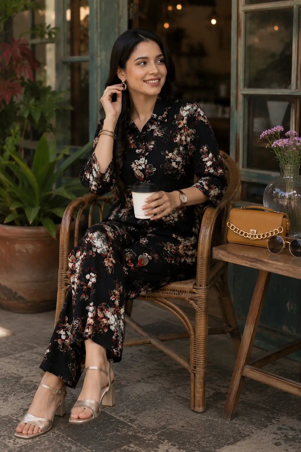 Rabric black rayon floral print women co-ord set in casual sitting pose with coffee handbag and earrings