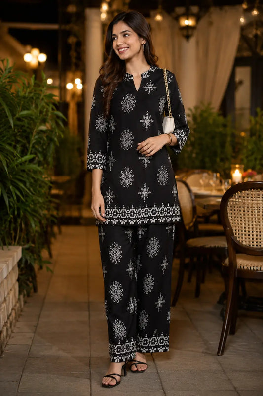 Rabric black Vertican Silk women co-ord set with white floral and geometric print, short kurta with 3/4 sleeves and matching wide leg pants front view