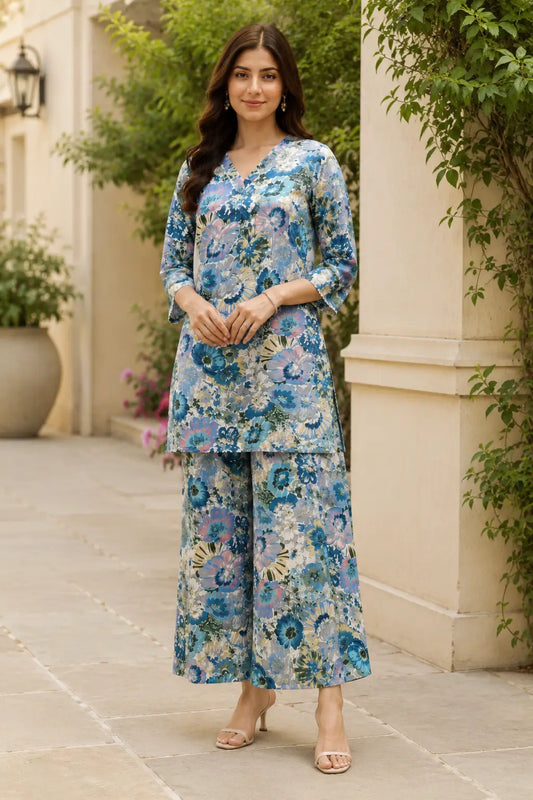 Rabric women's blue multi floral printed cotton co-ord set featuring V-neck short kurta top with 3/4 sleeves and matching wide leg palazzo pants front view