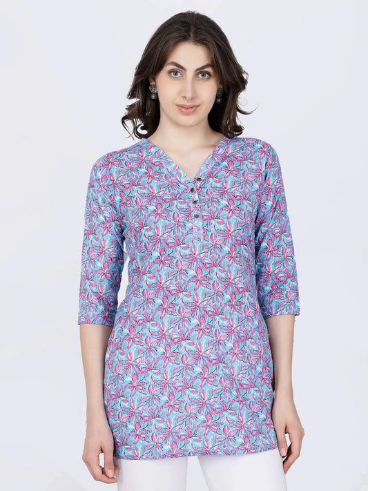 Rabric Blue & Pink Floral Cotton Short Kurti for Women – Front View