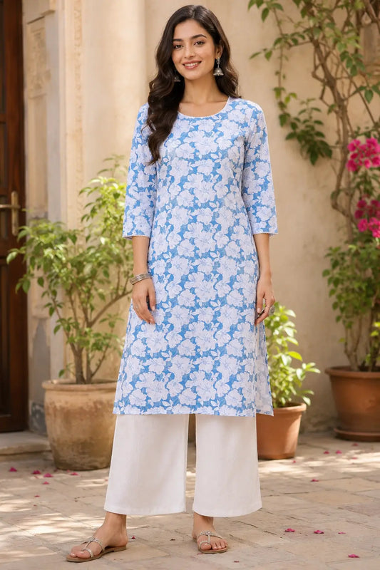 Rabric blue and white floral cotton kurti for women front view with 3/4 sleeves stylish neck casual ethnic wear