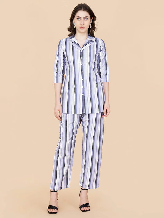 Woman wearing Rabric blue and white striped cotton co-ord set front view