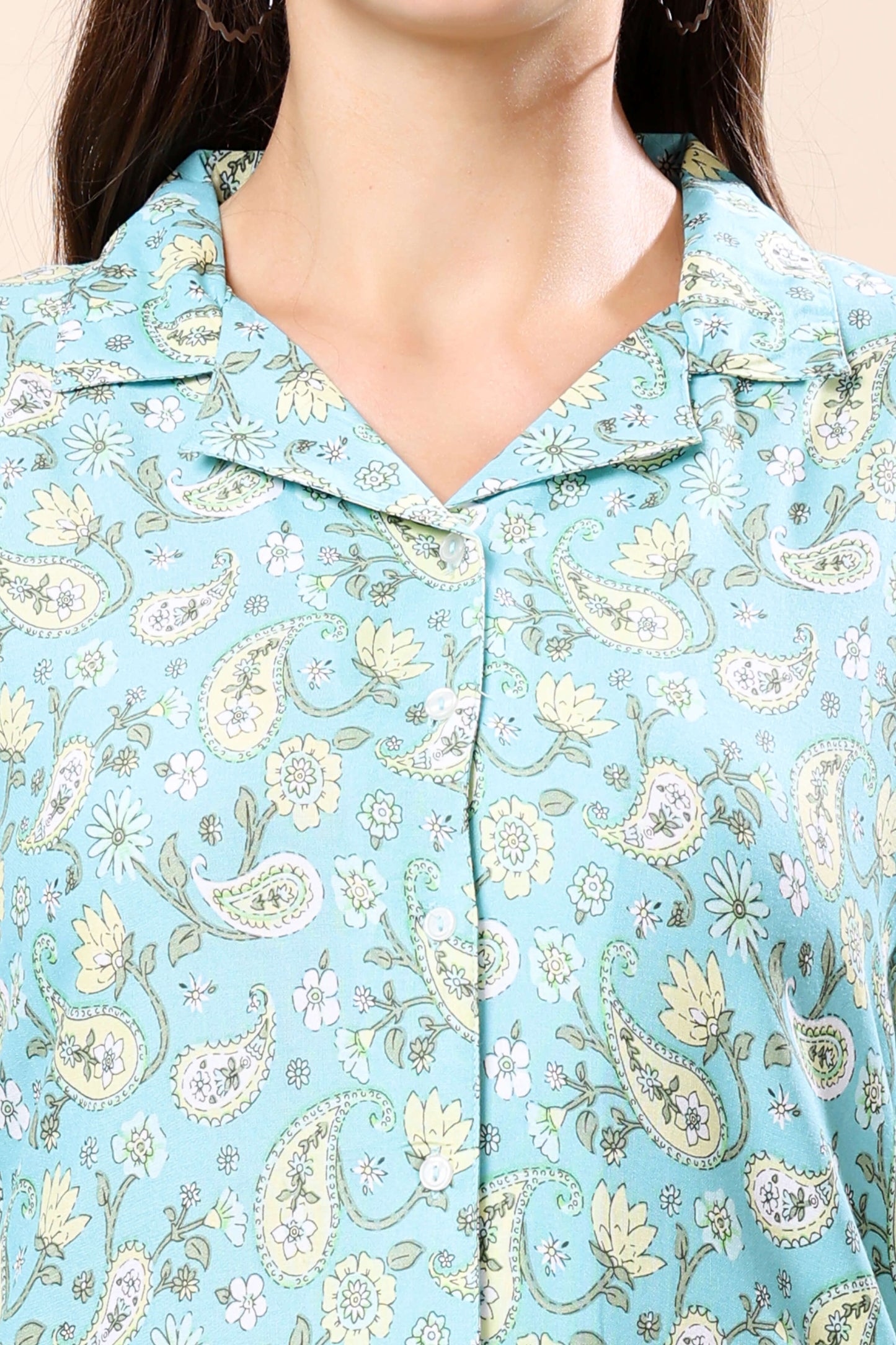 Close-up of Button-Down Shirt Top in Aqua Printed Co-ord Set
