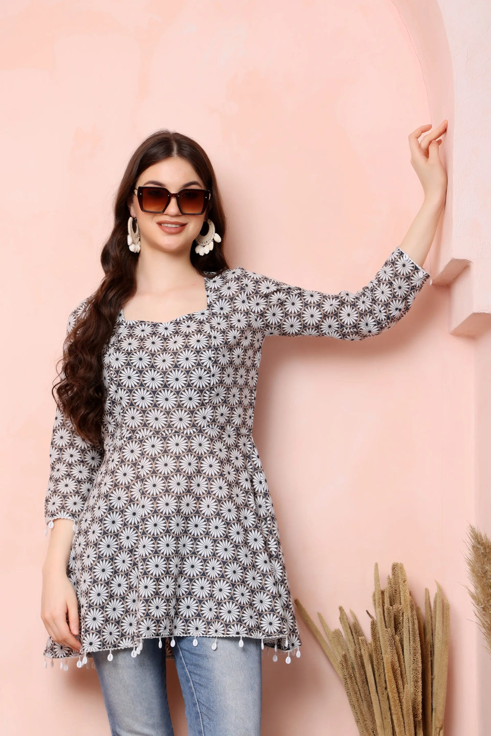 RABRIC charcoal grey pure cotton printed short kurti for women in a stylish college and casual wear look