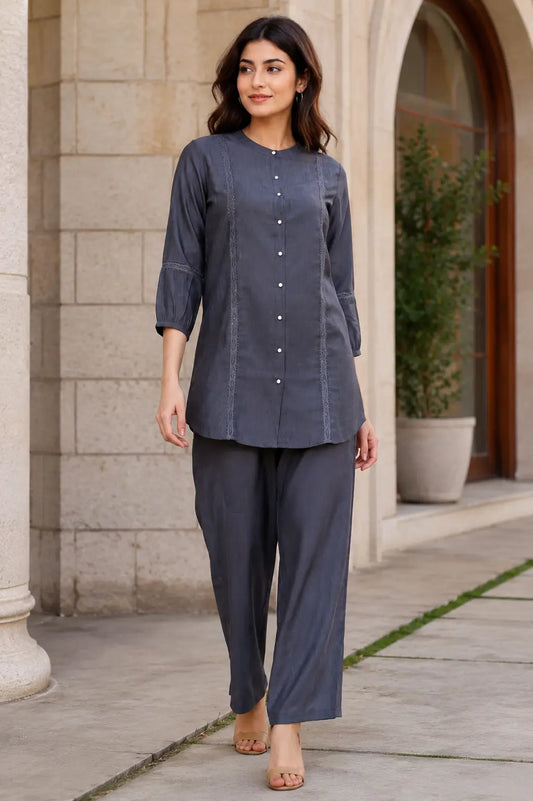 Rabric charcoal grey Vertican Silk co-ord set for women featuring elegant lace panel detailing, round neck, 3/4 sleeves and straight pants front view.