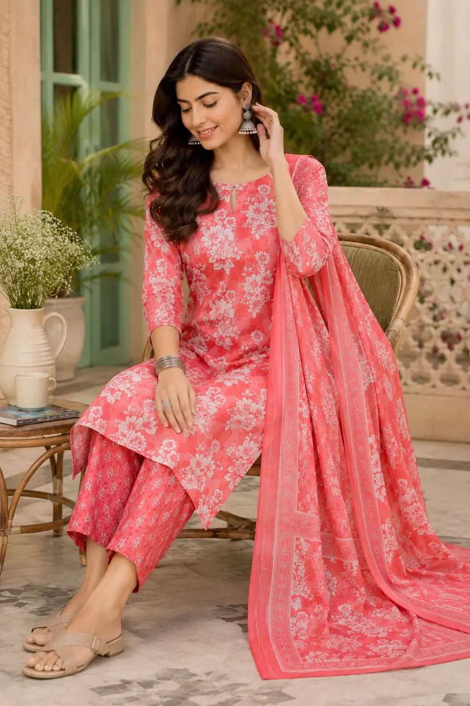 Elegant sitting pose of model wearing Rabric coral pink cotton floral kurta pant set with matching dupatta