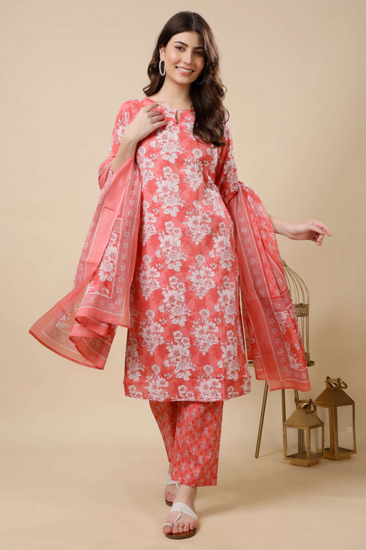 Front view of Rabric coral pink floral printed cotton kurti set for women