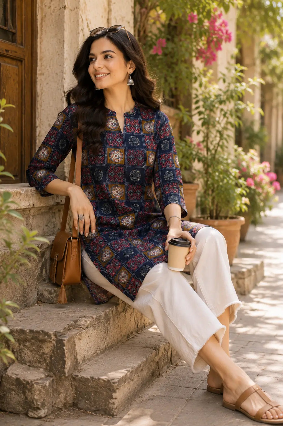 Rabric navy blue cotton flex women kurti in relaxed sitting pose with stylish casual accessories and ethnic look