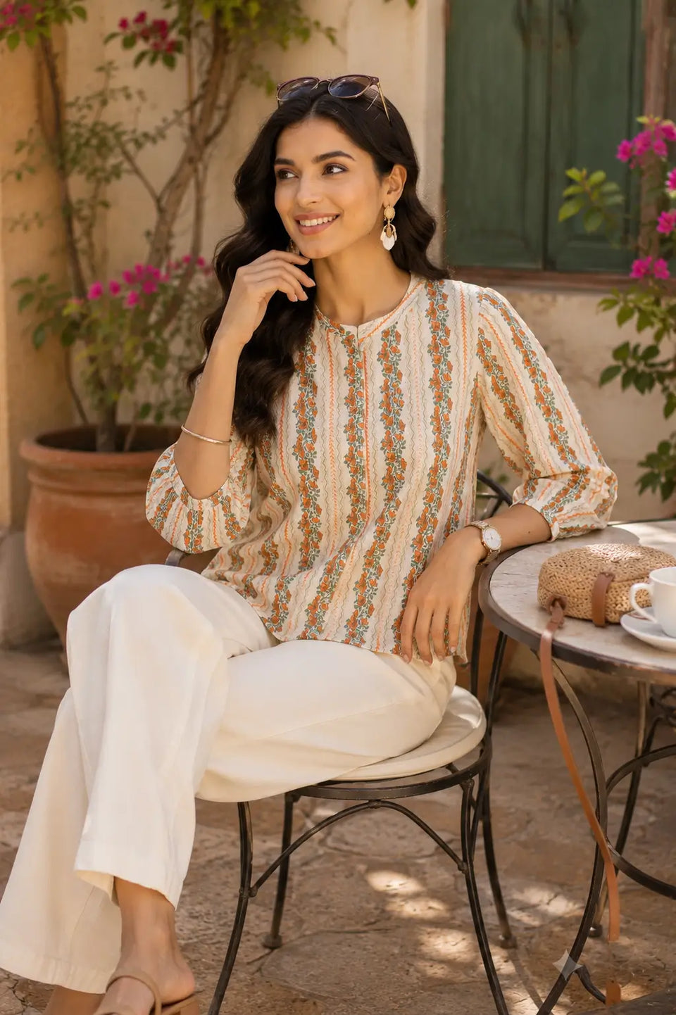 Casual sitting lifestyle image of woman wearing Rabric floral cotton short top with accessories