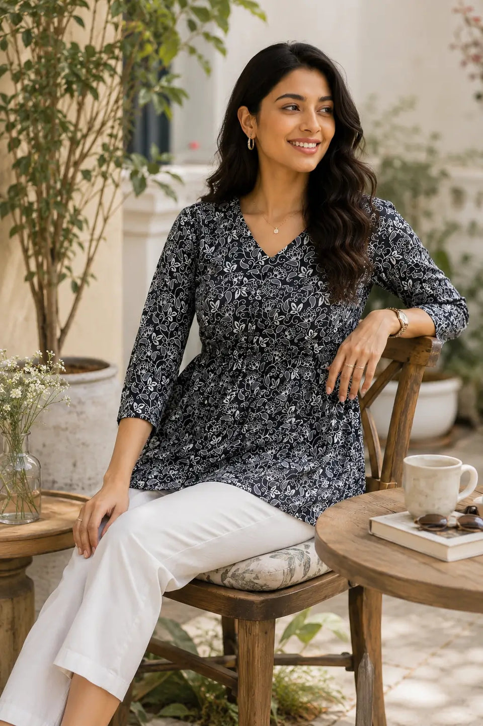 Rabric cotton cambric short top for women in casual sitting lifestyle pose with elegant floral print and V neck design