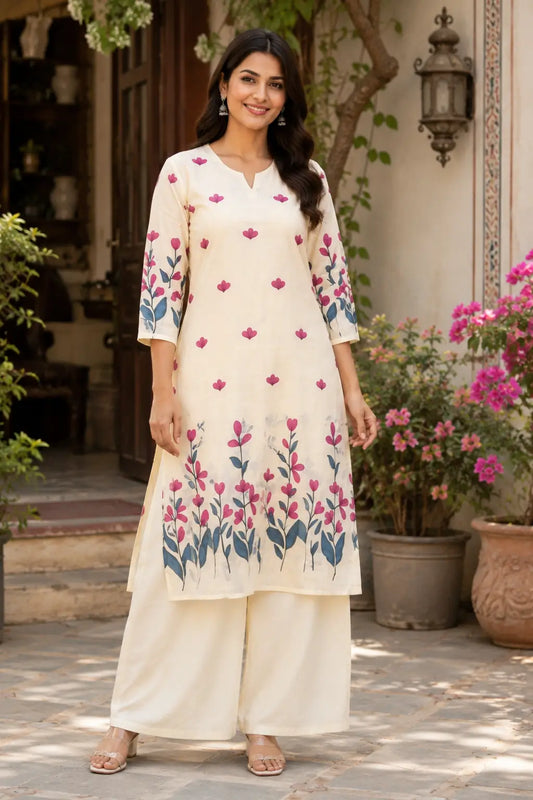 Rabric cream cotton floral print women kurti with palazzo front view ethnic wear for casual and office wear