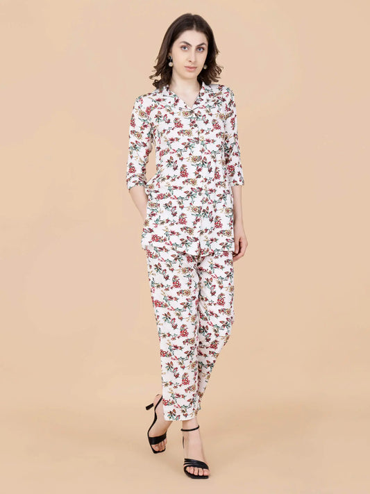 Rabric Cream Floral Printed Rayon Co-ord Set Front View for Women