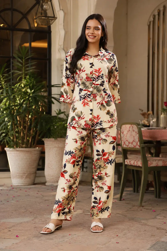 Rabric cream rayon floral print women co-ord set front view with short shirt, 3/4 sleeves and relaxed wide leg pants
