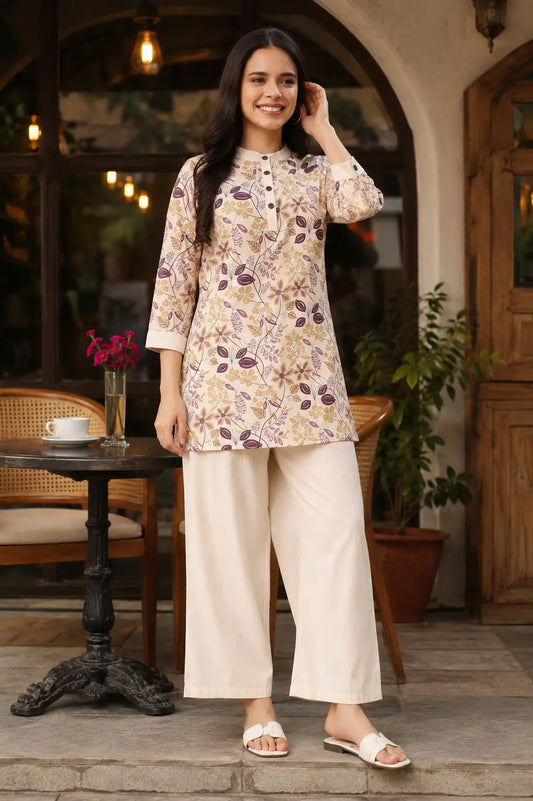 Rabric cream Vertican Silk floral vine print short kurta co-ord set with ivory wide leg pants front view