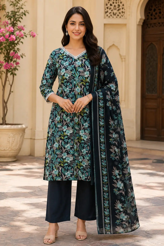 Rabric dark navy cotton floral kurta pant set with dupatta front view, V neck lace design, teal blue leaf print and 3/4 sleeves for women