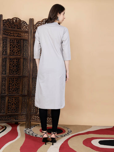Back view of Rabric grey poplin cotton long kurti