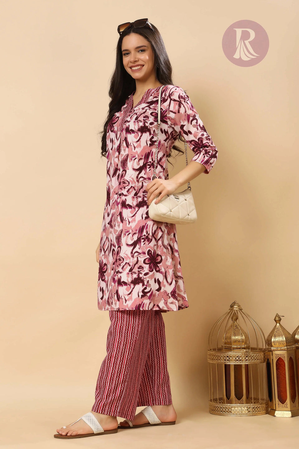 Styled image of Rabric women’s ethnic wear cotton slub floral kurta pant set for daily and festive use