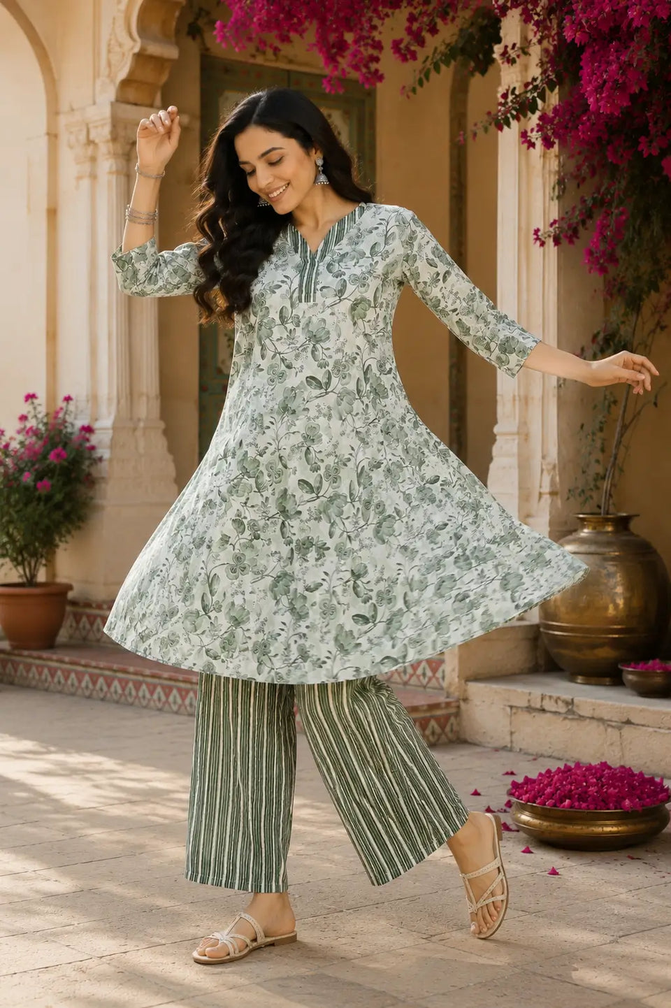 Flared women cotton kurta pant set twirling lifestyle image with floral print design