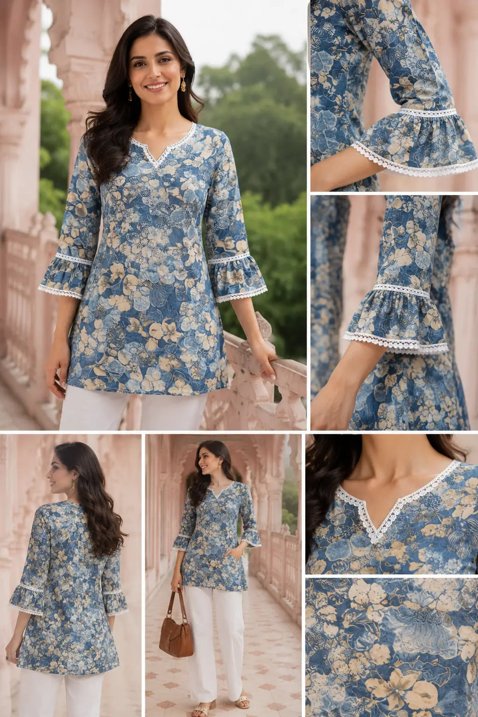 Women’s floral cotton short kurti paired with white trousers and casual accessories outdoor fashion look