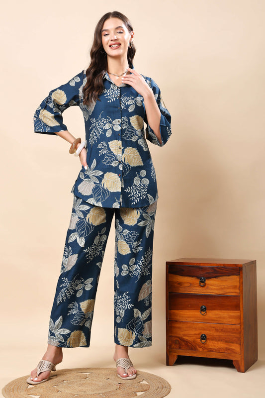Front view of elegant Rabric floral printed silk co-ord set
